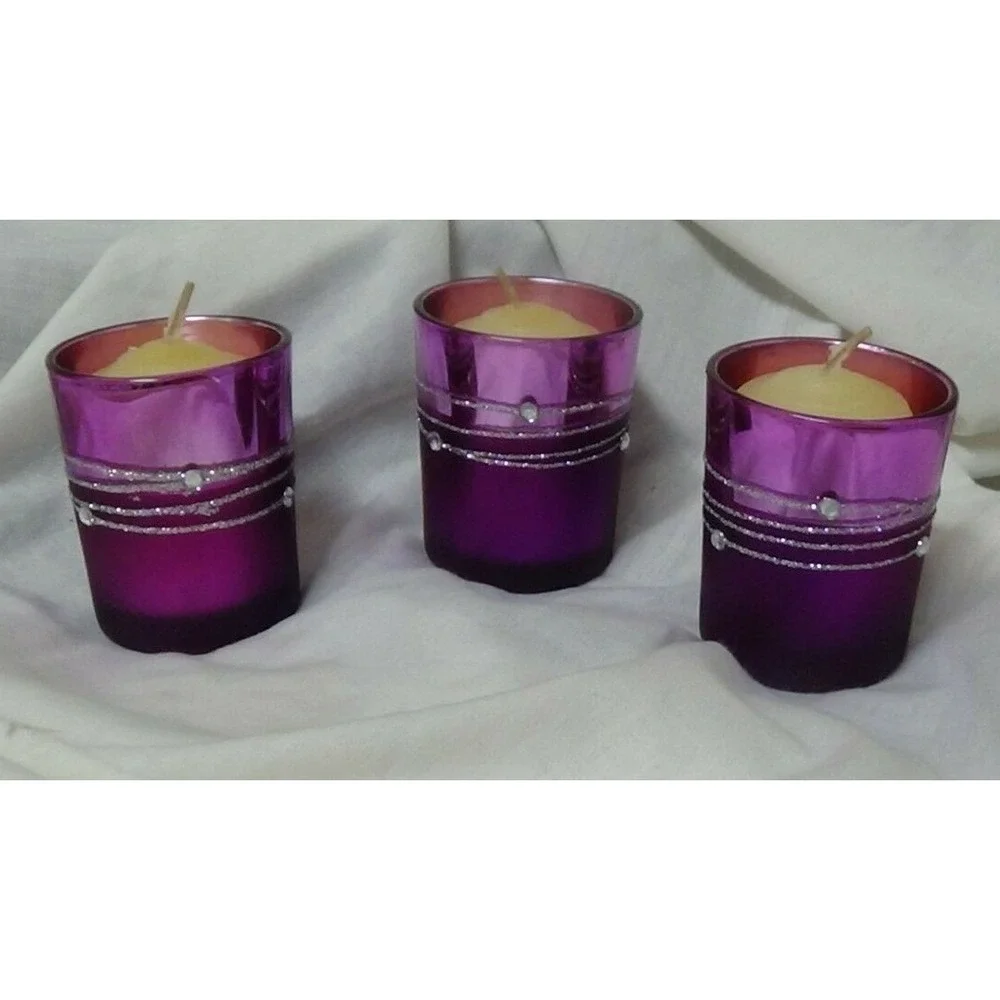 Votive Candle Holders Set of 3 Vanilla Scent Pinkish Purple Glass Bling #101